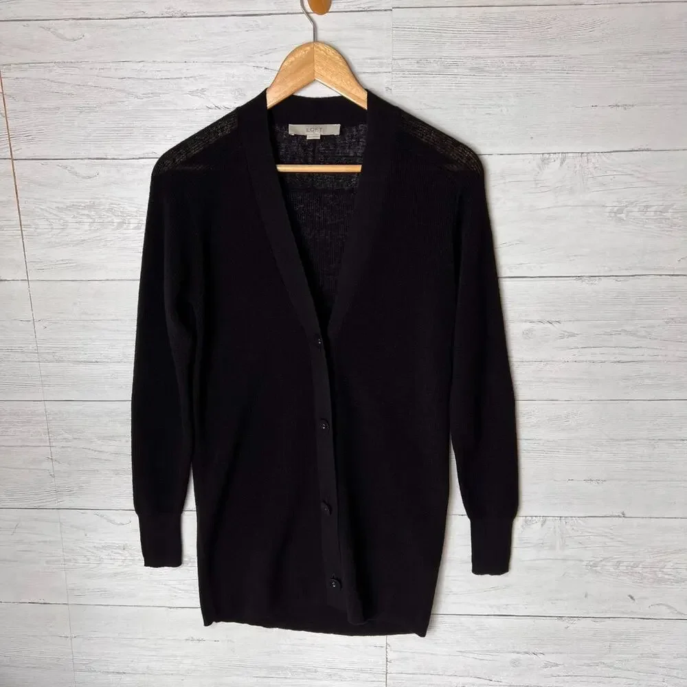 Loft Cardigan Womens Size XS Black Button Down Linen Blend Fabric Buttons